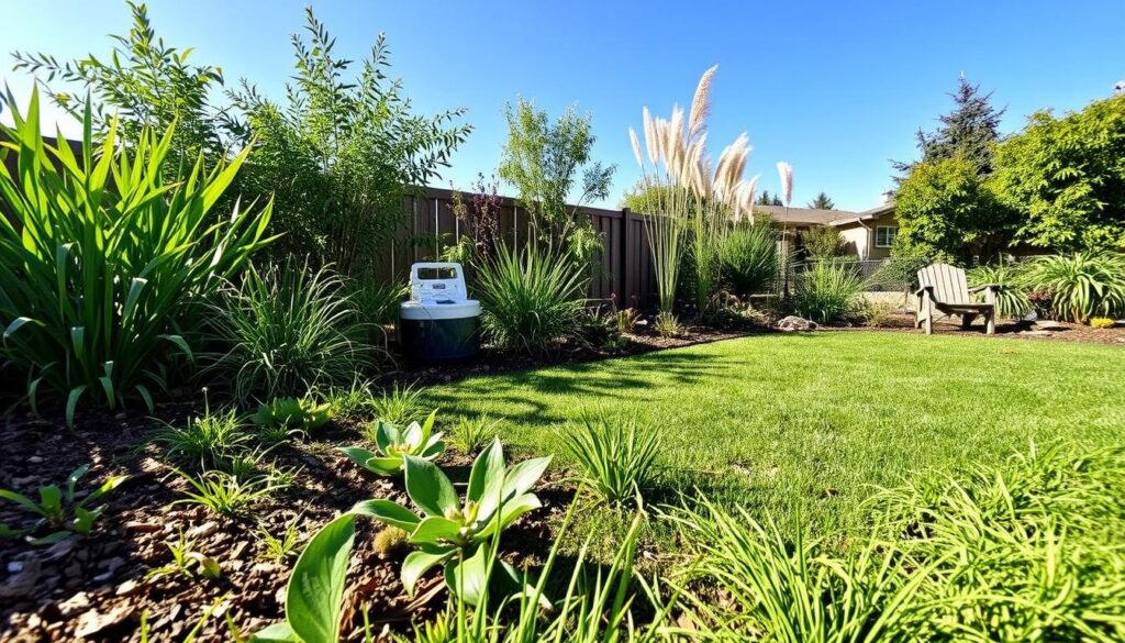 A vibrant eco-friendly lawn with diverse plant life, featuring a rainwater collection system, dry landscaping techniques, and a variety of native plants and grasses, under a clear blue sky, with sunlight casting gentle shadows, showcasing moisture-retaining mulch, drip irrigation systems, and creative garden design elements.