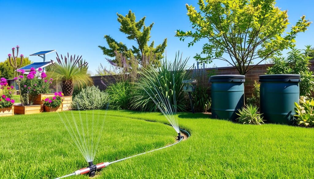 A vibrant, drought-tolerant landscape featuring a variety of native plants, succulents, and ornamental grasses, arranged in a harmonious, colorful pattern. Include dry stone pathways winding through the garden, rocky outcroppings with low-maintenance ground cover, and a few strategically placed boulders. Showcase a sunny environment with a blue sky and minimal water use elements like rain barrels or drip irrigation in the background, emphasizing sustainability and eco-friendliness.