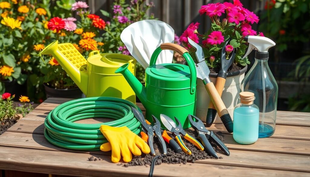 A collection of essential gardening tools arranged aesthetically on a wooden garden table, featuring a vibrant green watering can, a coiled garden hose, a trowel with a wooden handle, pruners, gloves, and a spray bottle, surrounded by colorful flowering plants and soil, capturing the essence of a beginner’s gardening kit in a sunlit outdoor setting.