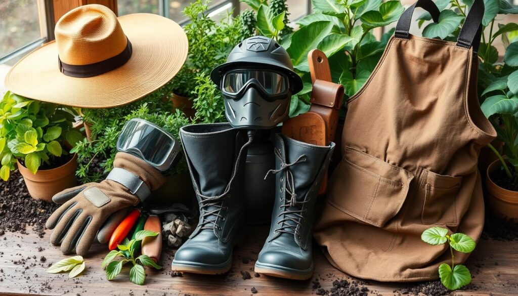 A collection of essential gardening protective gear, including a wide-brimmed sun hat, durable gloves made of tough material, safety goggles, knee pads, a breathable face mask, sturdy work boots with steel toe protection, and an apron with pockets for tools, all arranged on a rustic wooden table surrounded by vibrant plants and soil. Soft natural lighting highlights the textures and colors of the gear, creating an inviting atmosphere for gardening enthusiasts.