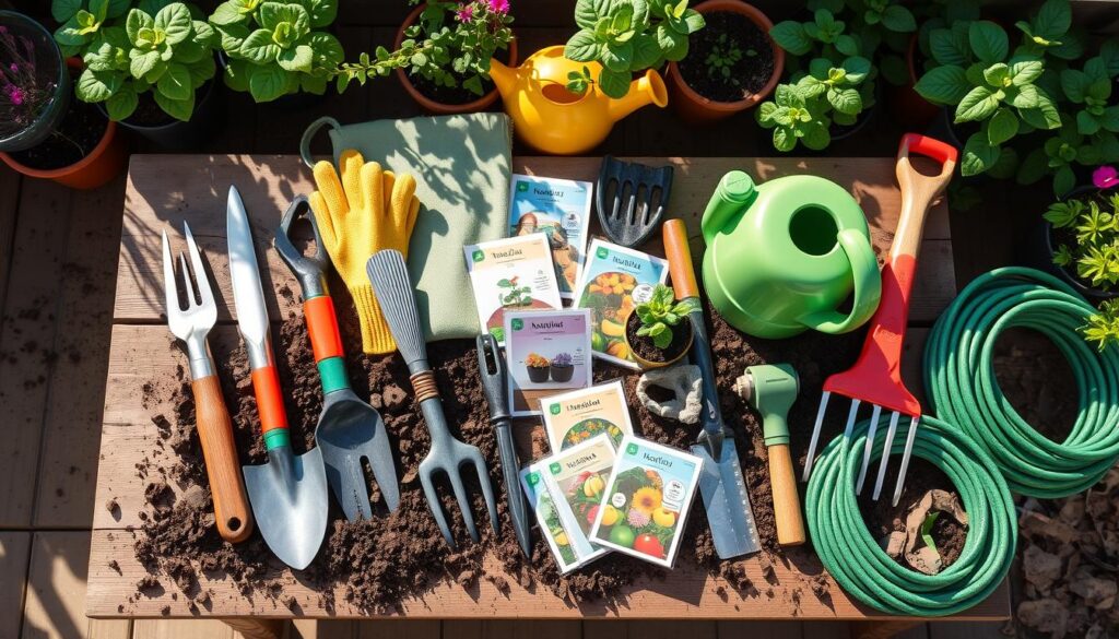 A vibrant and organized display of essential gardening tools, including a trowel, hand pruner, garden fork, gloves, watering can, spade, rake, kneeling pad, seed packets, and a garden hose, arranged artistically on a wooden table surrounded by fresh soil and potted plants. Bright sunlight illuminating the scene, creating a warm and inviting atmosphere.