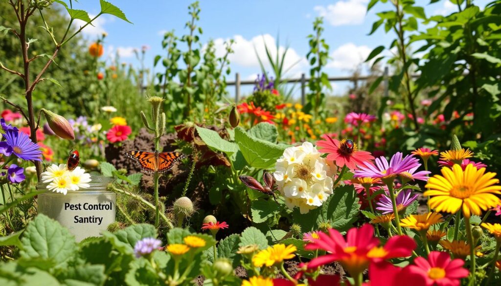 A vibrant garden scene featuring a variety of plants and vegetables flourishing, with natural pest control solutions such as ladybugs, praying mantises, and beneficial nematodes visibly integrated into the environment, surrounded by colorful flowers and a clear sky, showcasing a harmonious ecosystem.