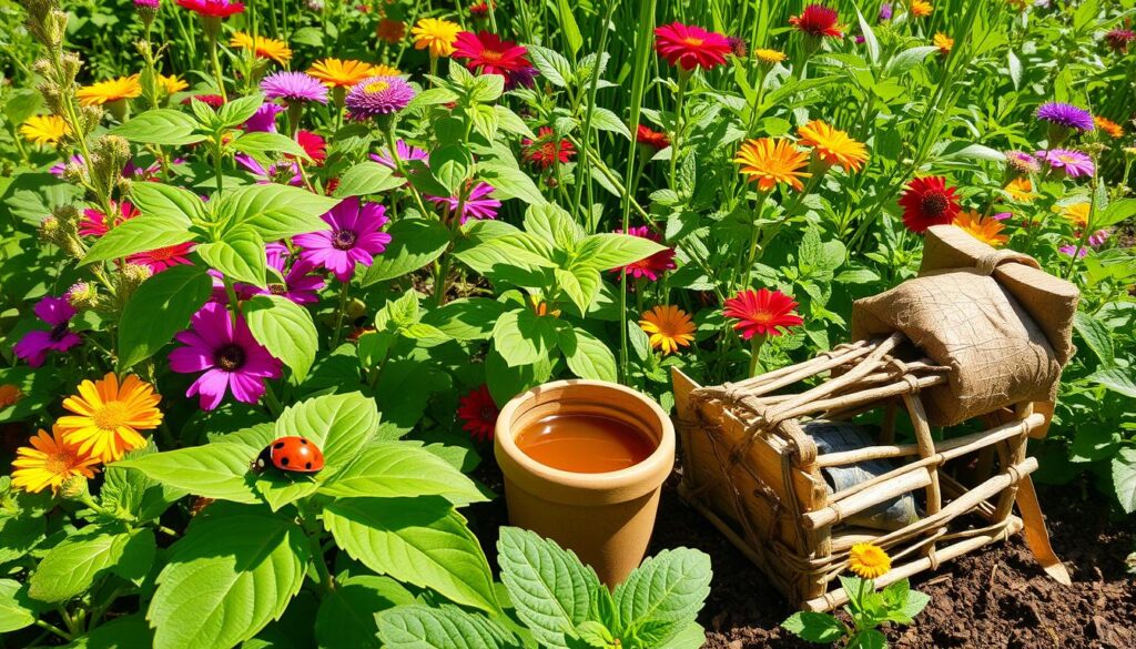 A vibrant garden scene showcasing various natural pest control solutions, including a ladybug resting on a green leaf, aromatic herbs like basil and mint growing in abundance, a small pot of neem oil nearby, and a homemade insect trap made of recycled materials, surrounded by colorful flowers and lush greenery under bright sunlight.