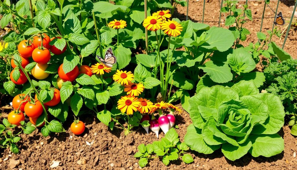 A vibrant garden scene showcasing various plants intermingled for companion planting, featuring tomatoes growing alongside basil, marigolds mixed in with cucumbers, and radishes paired with lettuce, all thriving together in rich soil, surrounded by a sunny atmosphere with butterflies and bees fluttering around.