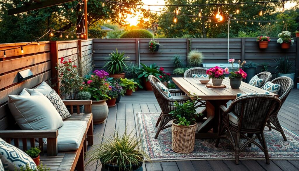 Cozy garden scene featuring stylish outdoor patio furniture, including plush cushions on a wooden bench, a rustic dining table surrounded by wicker chairs, potted plants with vibrant flowers, hanging string lights for ambiance, and a soft area rug on a wooden deck, all bathed in warm sunset light.