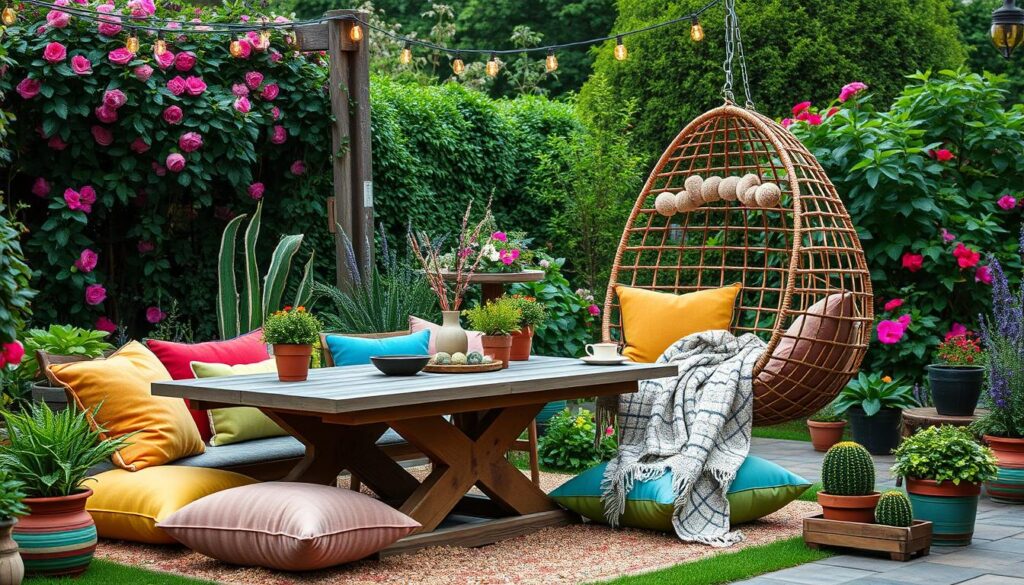 "Cozy garden setup featuring a rustic wooden dining table surrounded by plush, colorful cushions, a stylish hanging swing chair draped with soft blankets, potted plants in varying sizes, twinkling fairy lights overhead, and a backdrop of lush greenery and blooming flowers."