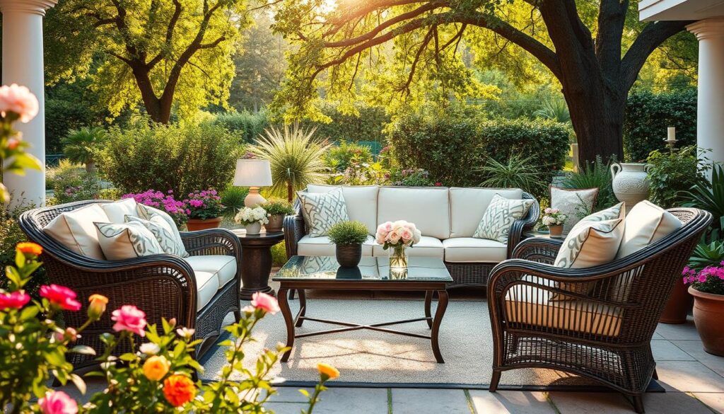 Cozy garden furniture set, luxurious outdoor seating with plush cushions, elegant wicker chairs and a stylish glass coffee table, surrounded by blooming flowers and greenery, warm sunlight filtering through trees, inviting atmosphere for relaxation.