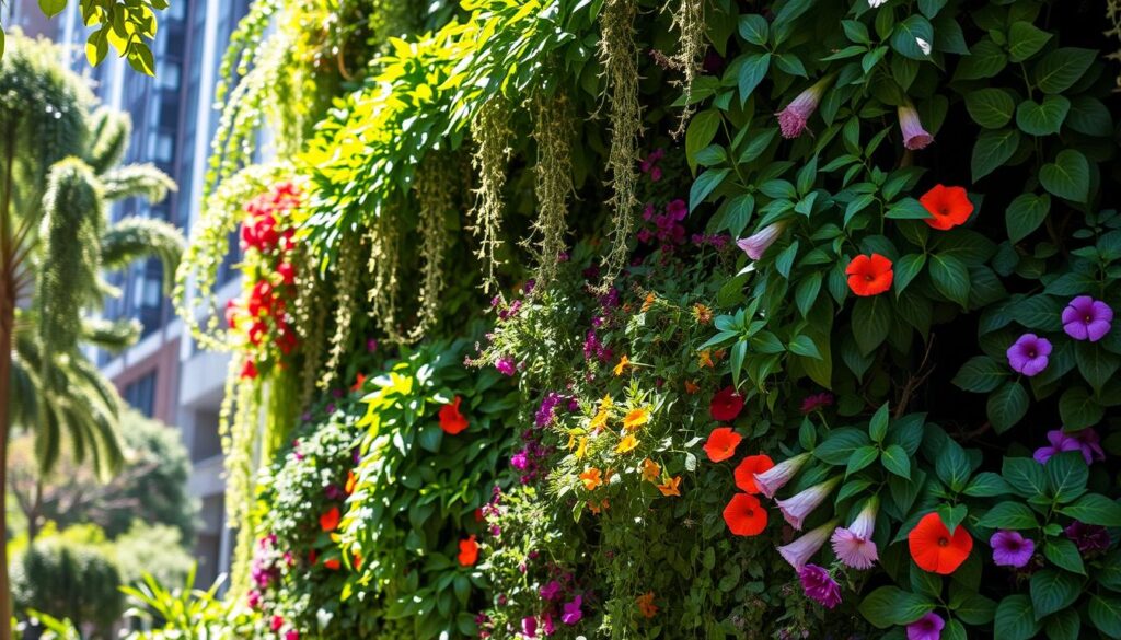 A lush, green vertical garden filled with a variety of vibrant plants, cascading foliage, and colorful flowers, set against a modern urban backdrop, with sunlight filtering through the leaves, creating a serene and inviting atmosphere.