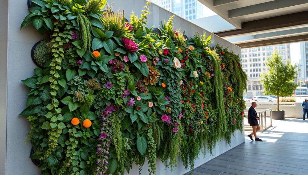 "An intricate vertical garden design on a modern urban wall, featuring a vibrant array of plants, flowers, and greenery cascading down, showcasing a blend of textures and colors, with sunlight filtering through the leaves, set against a contemporary city backdrop."