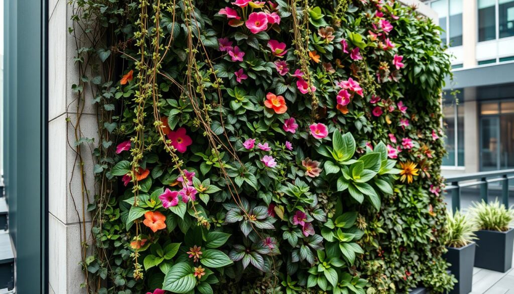 A lush, vertical garden filled with a variety of plants, including cascading vines, vibrant flowering plants, and leafy greens, set against a modern urban backdrop, showcasing innovative and space-saving planting techniques in a structured vertical layout, with rich textures and colors contrasting against a wall.