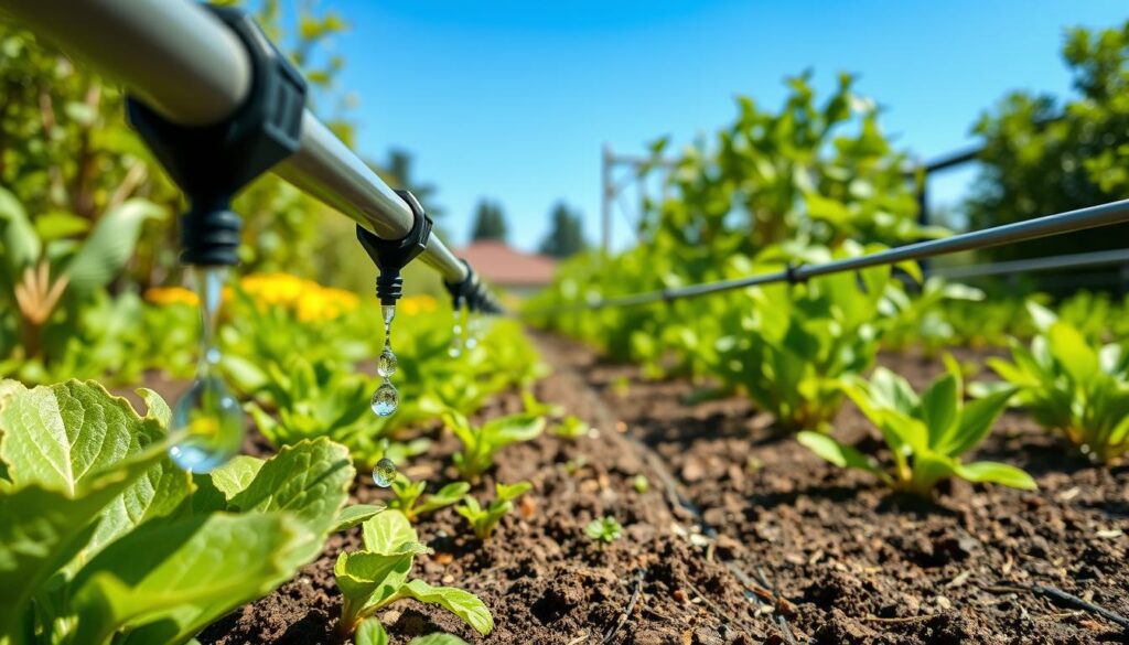 A close-up view of a drip irrigation system in a vibrant garden, showcasing flexible tubes running along rows of drought-resistant plants, with water droplets gently dripping from the emitters, surrounded by healthy soil and lush green foliage under a bright blue sky.