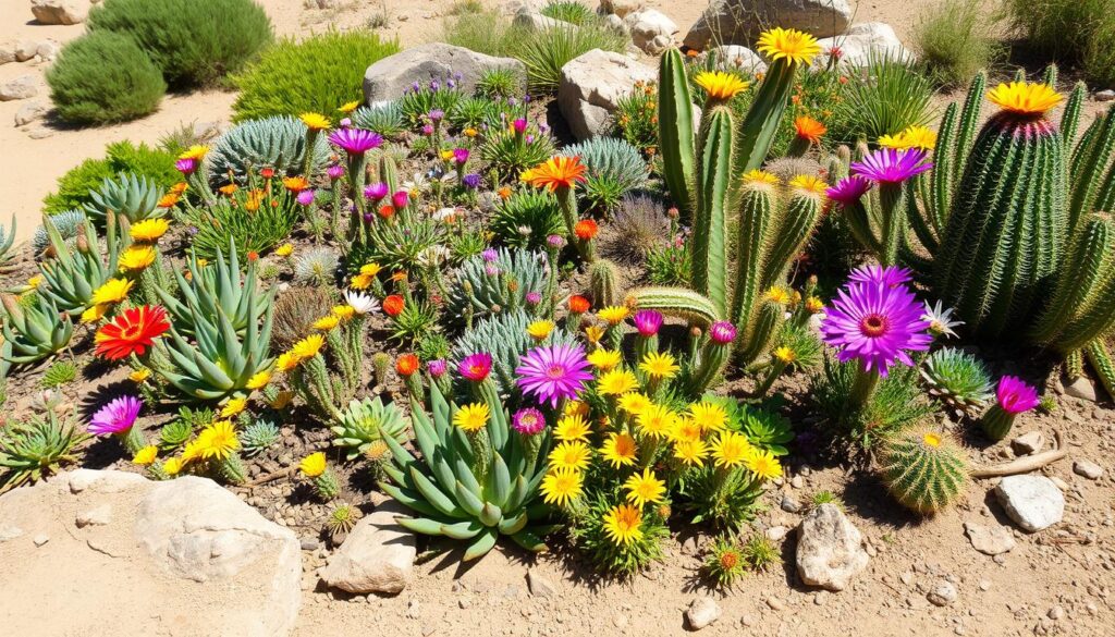 A vibrant garden filled with a variety of drought-resistant plants, showcasing succulents, cacti, and native wildflowers, set against a sunlit landscape with dry, sandy soil, surrounded by rocks and minimal greenery, emphasizing resilience and beauty in arid conditions.