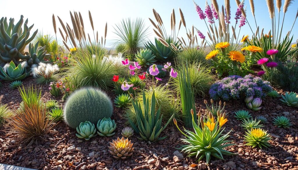 A vibrant garden filled with diverse drought-resistant plants, showcasing a variety of textures and colors, including succulents, ornamental grasses, and native flowers, with a backdrop of dry, rocky soil and strategically placed mulch, under a bright blue sky and soft sunlight, emphasizing sustainability and eco-friendly landscaping.