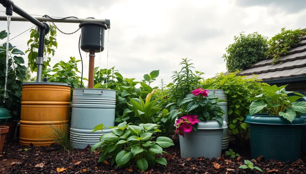 A lush garden scene showcasing various rainwater harvesting systems, including barrels, rain chains, and a green roof. Vibrant plants thrive, nourished by collected rainwater, under a soft drizzle. The sky is overcast with gray clouds, creating a serene atmosphere. Earthy tones of soil contrast with the greenery, while water droplets glisten on leaves and containers.