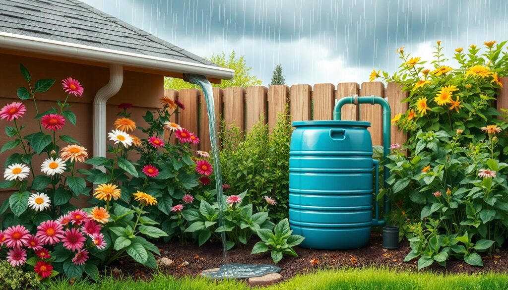 A vibrant garden scene depicting a rainwater harvesting system with a rain barrel collecting water from a gutter, surrounded by blooming flowers, lush green plants, and a small vegetable patch, under a cloudy sky with raindrops falling, showcasing sustainability and biodiversity.