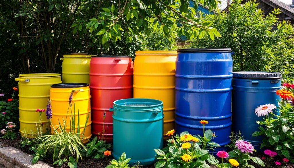 A collection of vibrant rain barrels in a lush garden setting, surrounded by thriving plants and colorful flowers, with water droplets glistening on the surface, sunlight filtering through leafy trees overhead, creating a tranquil and eco-friendly atmosphere.