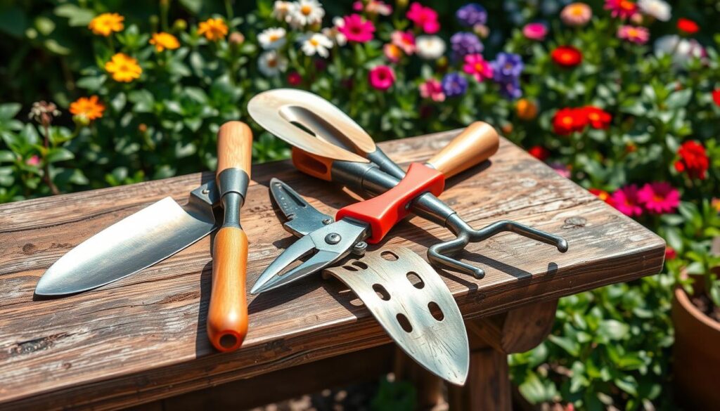 A vibrant assortment of garden tools neatly arranged on a rustic wooden workbench, featuring a shiny trowel, a pair of pruning shears, a hand rake, and a hoe; the scene is bathed in natural sunlight, surrounded by lush green plants and colorful flowers in the background.