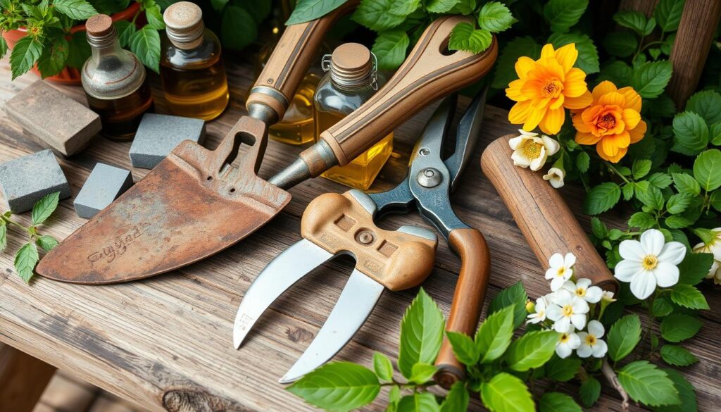 A collection of well-used garden tools, including a rusty spade, a pair of pruning shears, and a hand trowel, arranged on a wooden workbench alongside sharpening stones and oil bottles, surrounded by fresh green foliage and blooming flowers, soft natural lighting highlighting the textures and details of the tools.