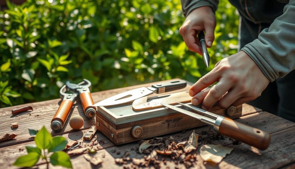 A close-up scene of a gardener sharpening various garden tools, including a pruning shears, spade, and hoe, using a whetstone on a wooden workbench. The sunlight filters through lush greenery, highlighting the glint of the sharpened blades and the texture of the tools, with scattered leaves and soil around for an authentic gardening atmosphere.