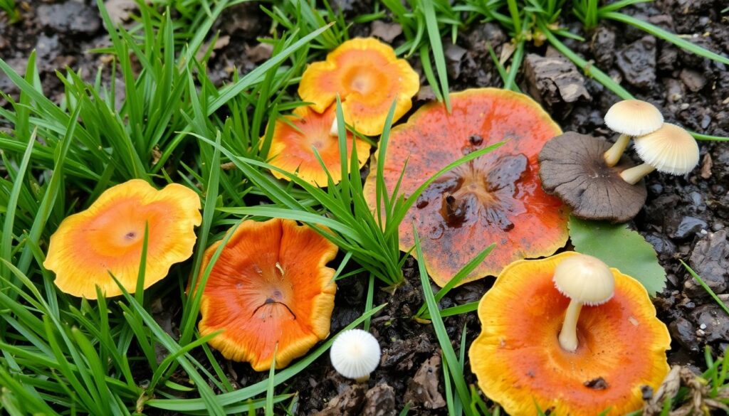 A close-up view of a lawn affected by fungus, showcasing various types of fungal patches in vibrant colors, alongside healthy green grass, with delicate mushrooms emerging from the soil, and a damp, rich earth texture in the background.