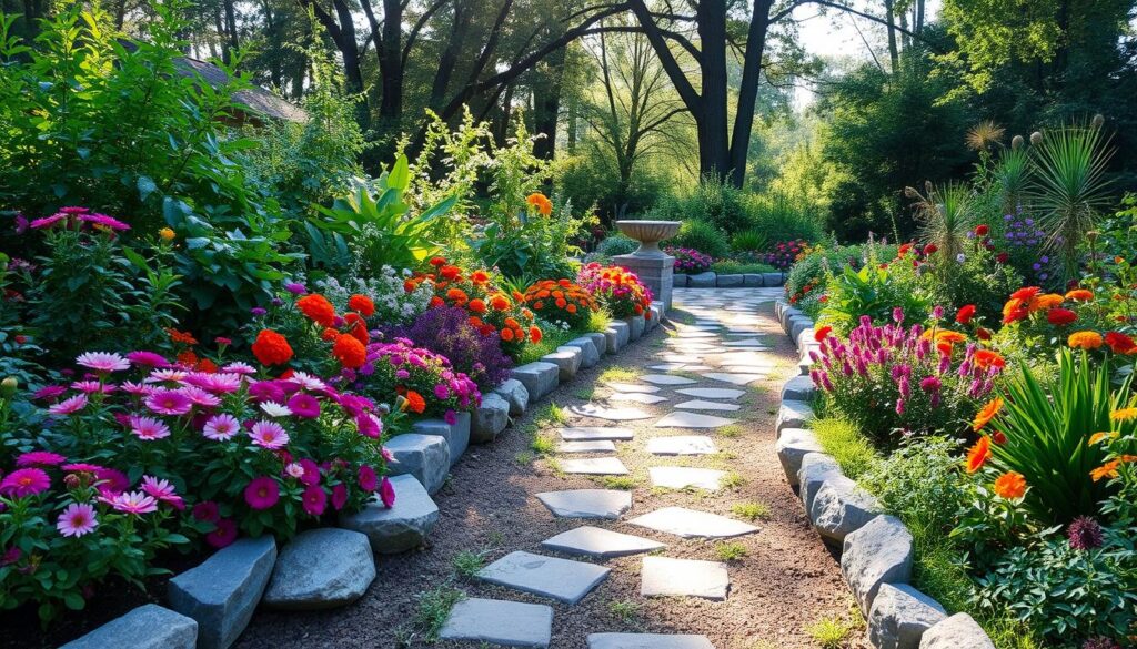 Natural garden borders featuring decorative stone edging surrounded by vibrant flowers and lush greenery, with a winding pathway leading through the garden, soft sunlight filtering through the trees, creating a serene and inviting atmosphere.