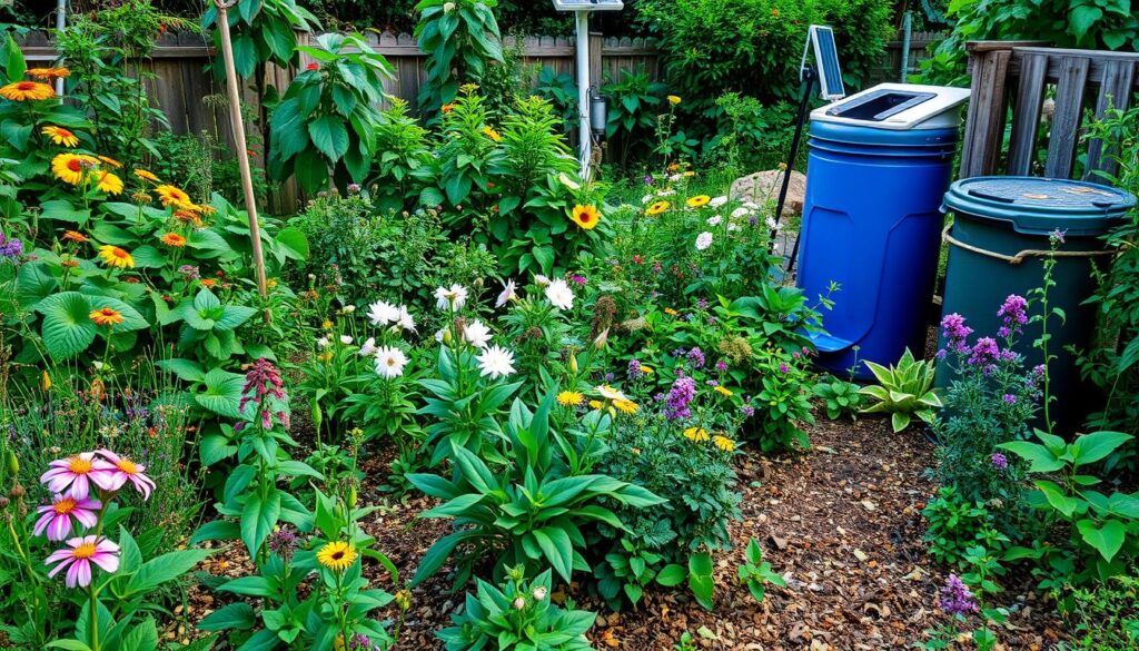 A lush garden featuring a variety of native plants, rainwater harvesting systems, compost bins, and solar-powered garden lights, incorporating vertical gardening techniques, organic vegetable patches, and natural mulch paths, all set in a vibrant and harmonious landscape filled with butterflies and bees.