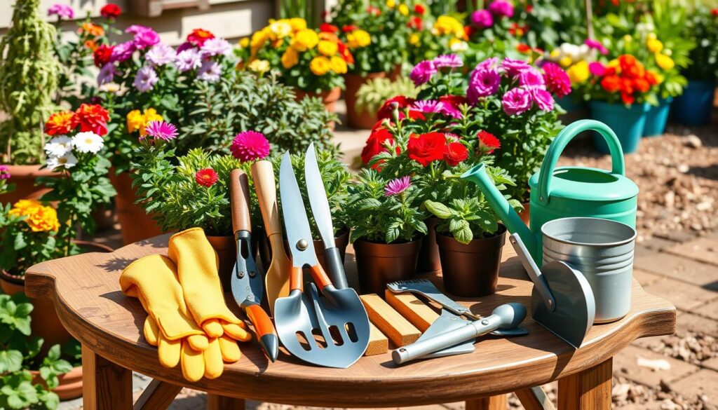 A neatly arranged assortment of essential gardening tools for beginners, including a trowel, pruners, a hand rake, gloves, and a watering can, all displayed on a wooden garden table surrounded by vibrant potted plants and colorful flowers in a sunny outdoor setting.