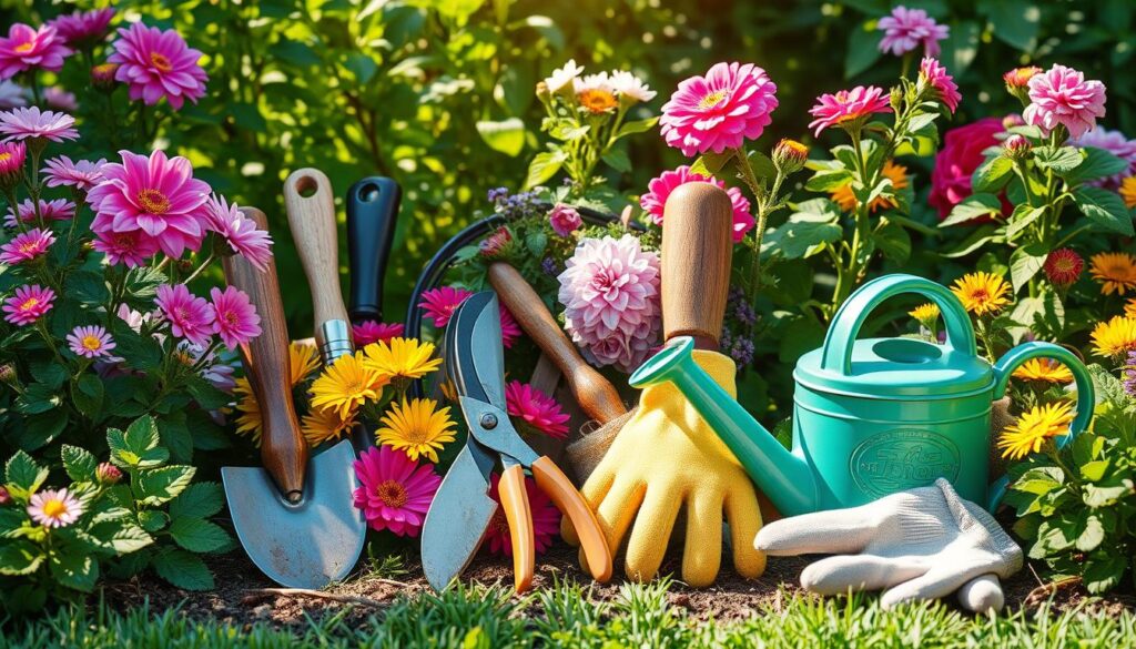 A vibrant garden scene featuring an assortment of essential garden tools arranged aesthetically, including a trowel, pruning shears, a watering can, and gloves, surrounded by blooming flowers and lush greenery, with sunlight filtering through the leaves.