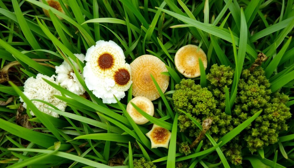 A close-up view of a lush green lawn showcasing various types of lawn fungus, with visible white powdery mildew patches, brown circular spots of dollar spot fungus, and dark green clumps of fusarium blight. The background features healthy grass blades to contrast the affected areas, emphasizing the texture and colors of both healthy and diseased sections.