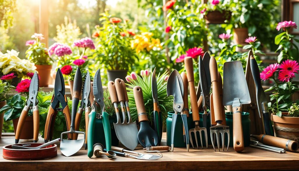 A serene garden workshop scene featuring an array of high-quality garden tools like pruning shears, trowels, and rakes, neatly organized on a wooden workbench. Soft sunlight filters through lush greenery, casting gentle shadows. In the background, vibrant flowers and potted plants enhance the atmosphere of a gardener's paradise. The tools should reflect craftsmanship and variety, showcasing different materials and colors.