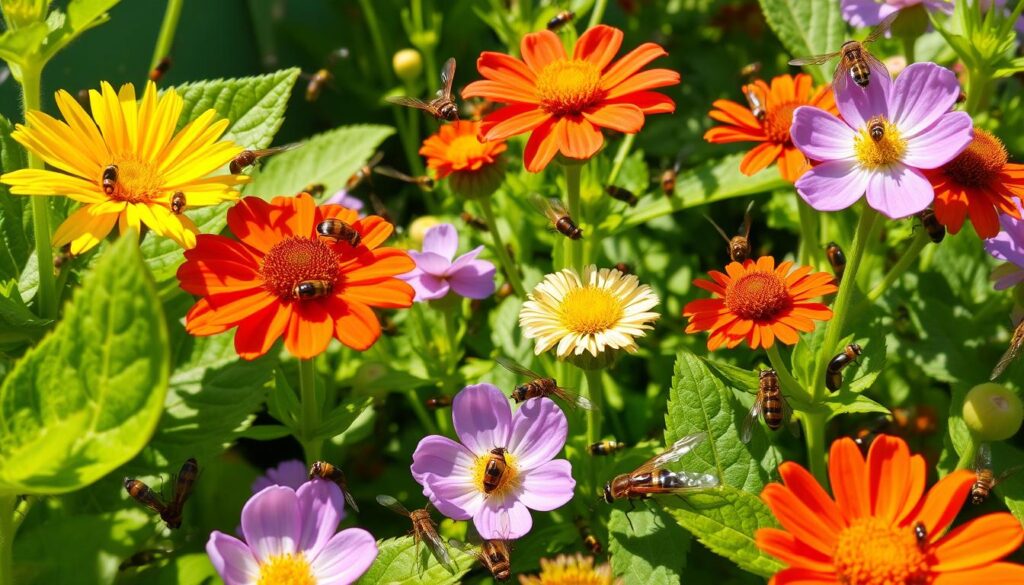 A vibrant garden scene filled with a variety of beneficial insects, such as ladybugs, lacewings, and hoverflies, interacting with colorful flowers and lush green plants, showcasing a harmonious ecosystem, bright sunlight filtering through the leaves, with attention to detail on the textures of the insects and the flora.