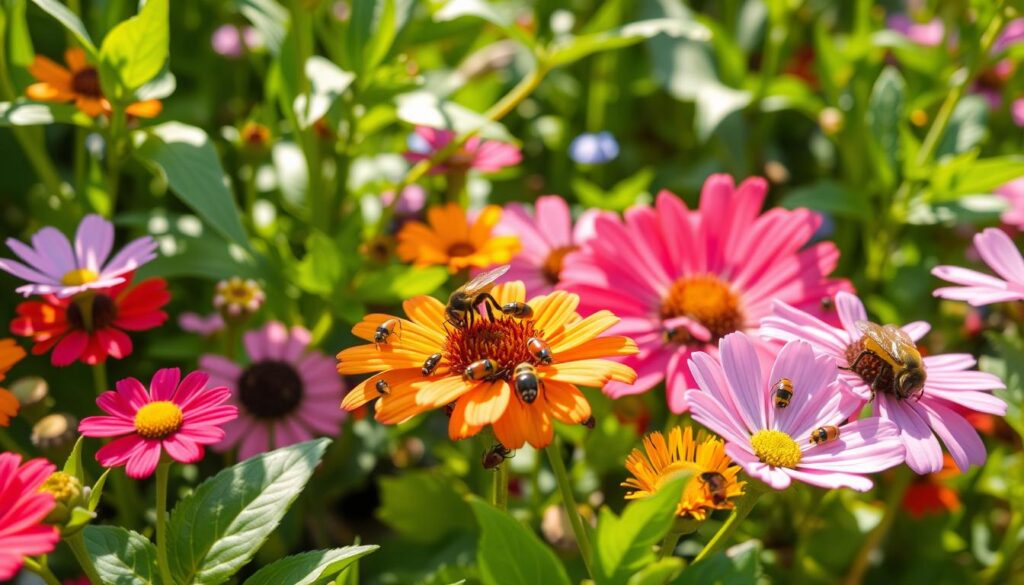 A vibrant garden scene filled with various beneficial insects like ladybugs, lacewings, and bees actively working among colorful flowers and lush greenery, showcasing the natural balance of pest control; sunlight filtering through the leaves, creating a warm and inviting atmosphere.