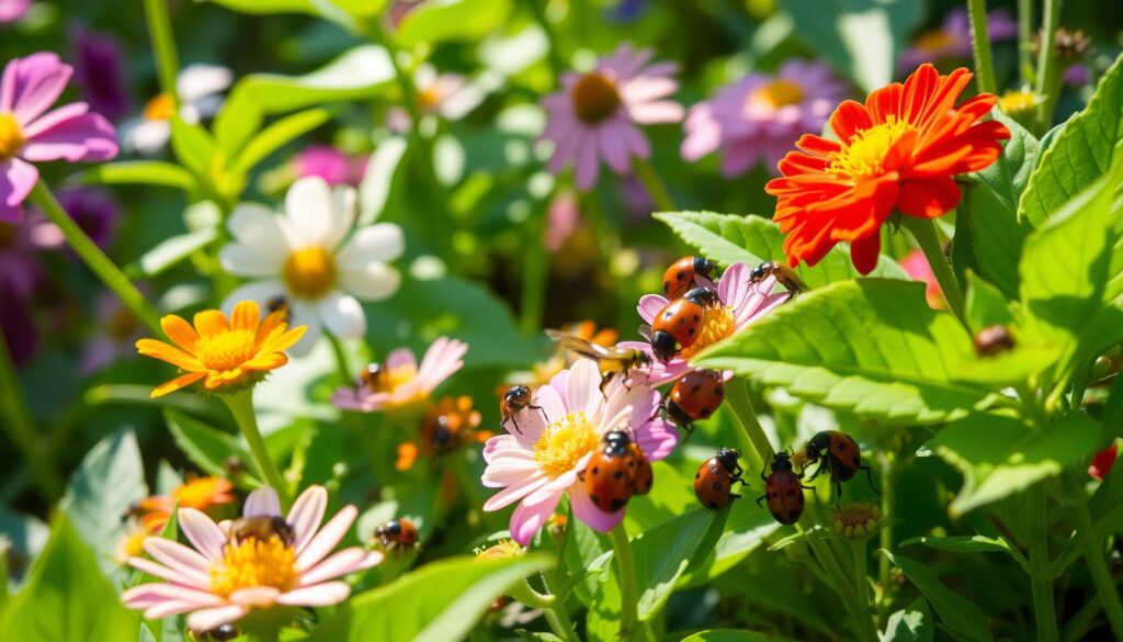 A vibrant garden scene showcasing various beneficial insects, including ladybugs, lacewings, and parasitic wasps, nestled among colorful flowers and lush greenery, with sunlight filtering through the leaves, creating a tranquil and harmonious atmosphere.