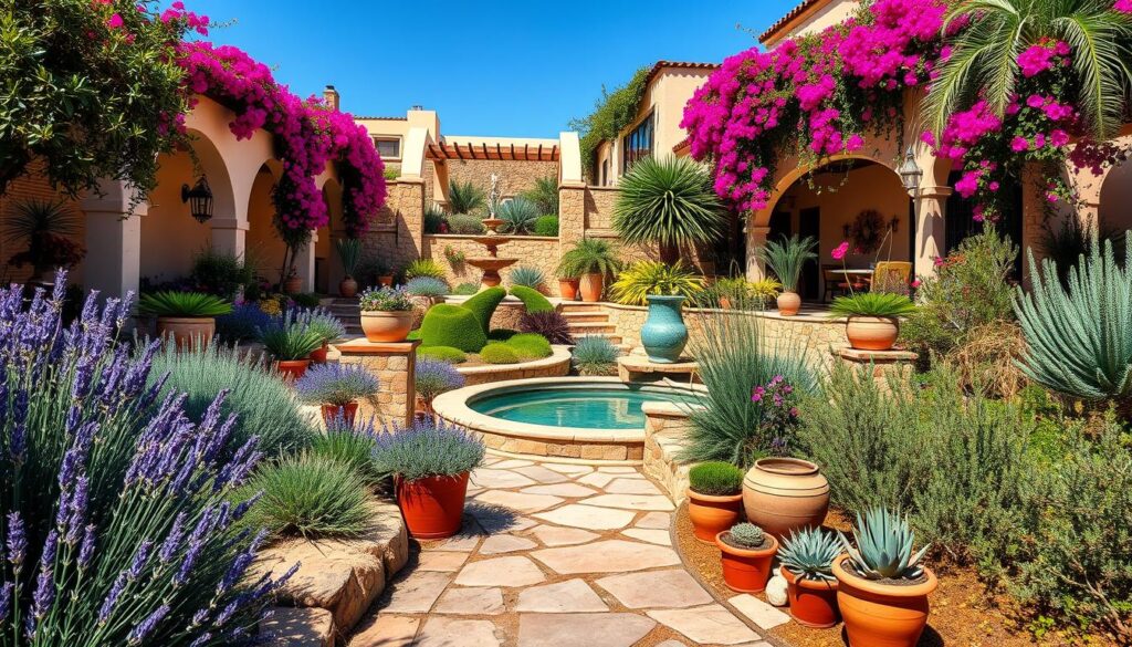 A vibrant Mediterranean garden showcasing a variety of drought-resistant plants such as lavender, succulents, and rosemary, surrounded by rustic stone pathways and terracotta pots. Include a backdrop of arched trellises draped with bougainvillea, sun-soaked terraced areas, and a calming water feature that reflects the clear blue sky. The scene should capture a harmonious blend of nature and decorative elements, evoking a serene and sustainable outdoor living space.