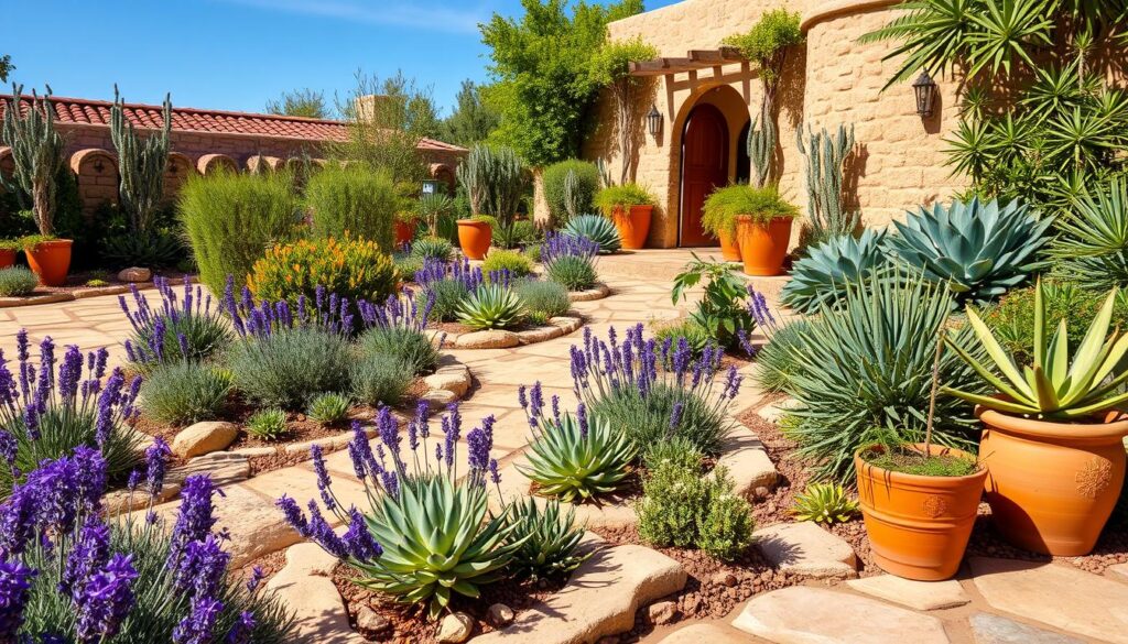 A vibrant Mediterranean garden featuring a variety of drought-resistant plants, including succulents, lavender, and rosemary, nestled among textured stone pathways and terracotta pots, bathed in warm sunlight with a clear blue sky in the background.