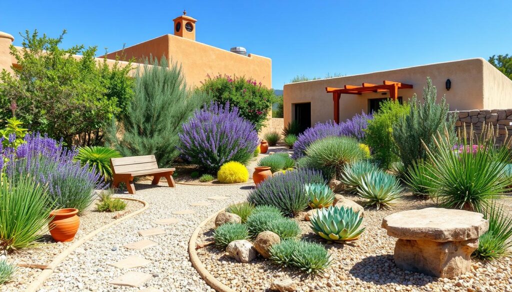 A vibrant Mediterranean garden featuring drought-resistant plants, such as lavender, succulents, and rosemary, interspersed with decorative gravel pathways, terracotta pots, and rustic stone benches under a bright blue sky. The scene showcases water-wise landscaping techniques with native plants thriving in a sunny environment, surrounded by charming outdoor decor elements.