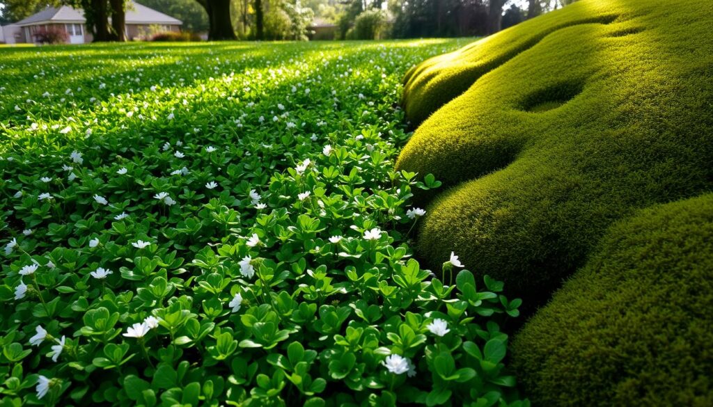 A vibrant, lush lawn covered in rich green clover interspersed with delicate white flowers, alongside a serene patch of soft, velvety moss, with sunlight filtering through trees overhead, creating a tranquil and eco-friendly garden scene.