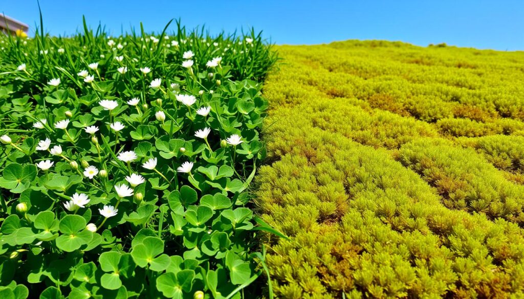 A vibrant green lawn split in half, one side lush with clover showcasing delicate white flowers, and the other side a soft, velvety moss blanket in varied shades of green, under bright sunlight with a clear blue sky above, emphasizing the textures and colors of each plant.