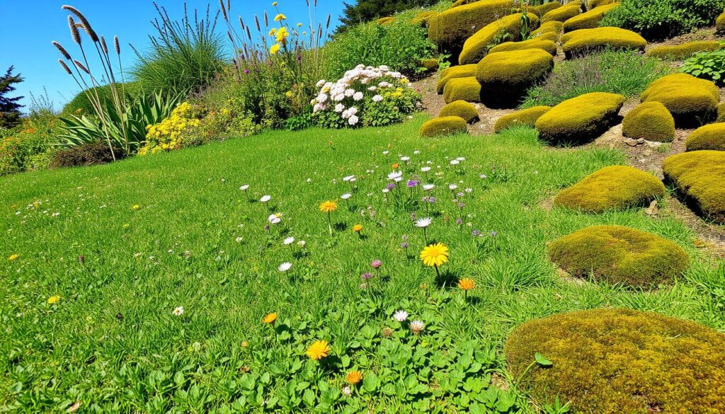 A vibrant landscape featuring a lush clover lawn interspersed with colorful wildflowers, surrounded by diverse native plants and moss patches, under a clear blue sky, showcasing the harmony of sustainable landscaping and biodiversity.