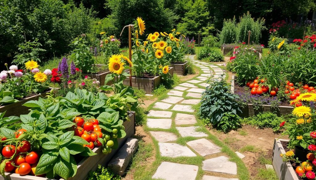 A vibrant and lush garden landscape filled with a harmonious blend of colorful fruits, fresh vegetables, and blooming flowers. Include raised beds with tomatoes, peppers, and leafy greens interspersed with bright sunflowers and fragrant herbs, all surrounded by a winding path made of natural stone. The scene should capture the essence of sustainable gardening, showcasing an abundance of seasonal produce amidst a backdrop of green foliage and sunny skies.