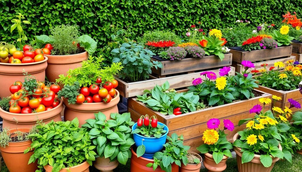 A vibrant garden scene featuring various containers and raised beds filled with colorful fruits, vegetables, and edible flowers. The layout includes terracotta pots overflowing with ripe tomatoes and herbs, wooden raised beds showcasing leafy greens and bright peppers, and decorative planters with blooming edible flowers. A lush, green backdrop enhances the beauty of the edible landscape, creating a harmonious blend of colors and textures.