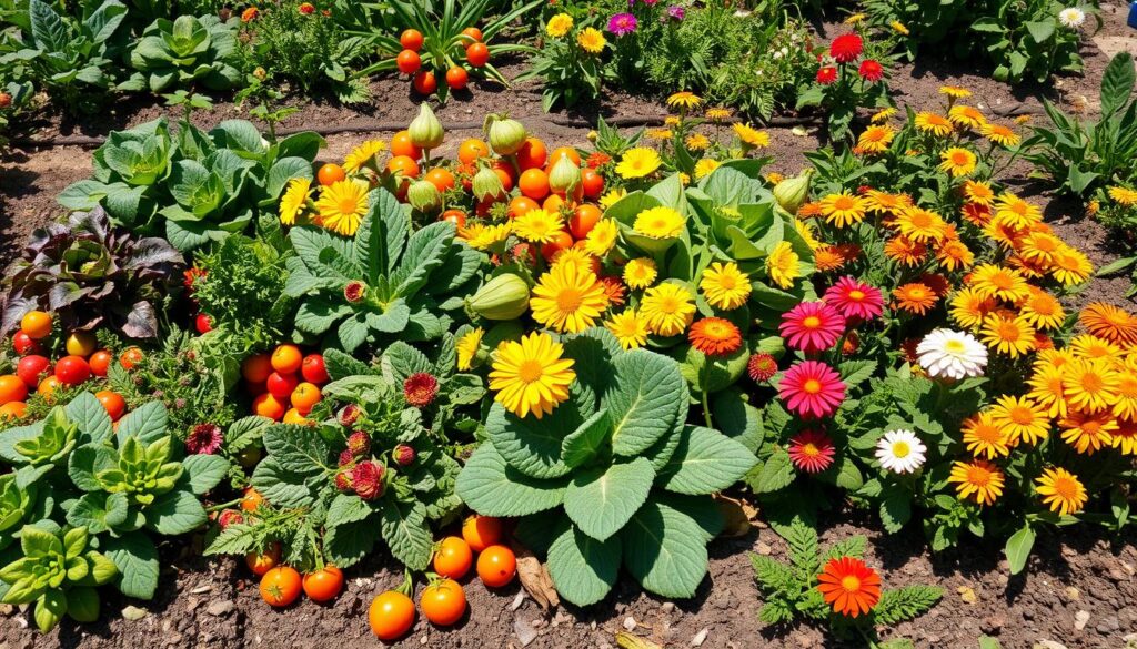 A vibrant garden scene showcasing a diverse selection of edible plants, including colorful fruits, leafy vegetables, and blooming flowers, arranged harmoniously in various sections. Show different textures and colors, such as ripe tomatoes, bright strawberries, lush green kale, and delicate marigolds, all thriving together under a sunny sky with a backdrop of rich soil and natural elements.