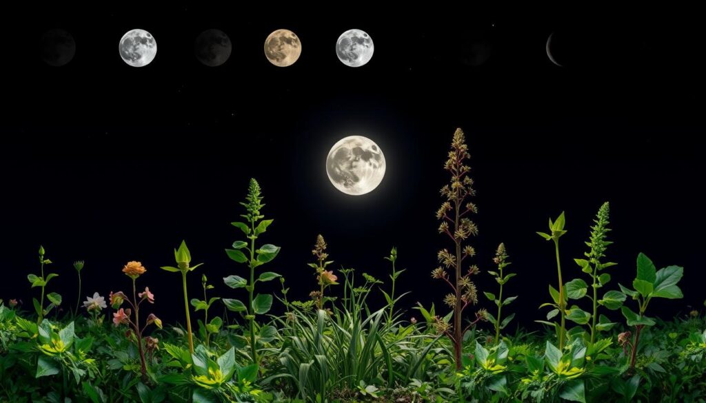 A serene night landscape depicting various plant species thriving under different lunar phases, with the moon casting silvery light on lush greenery, showcasing a harmonious balance of nature and celestial influence, highlighting the connection between lunar cycles and botanical growth.