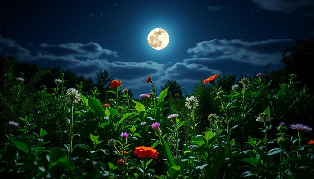 A serene garden illuminated by soft moonlight, showcasing various plants and flowers thriving under a starry night sky, with a full moon casting gentle shadows, surrounded by lush greenery and a calming atmosphere of tranquility and growth.