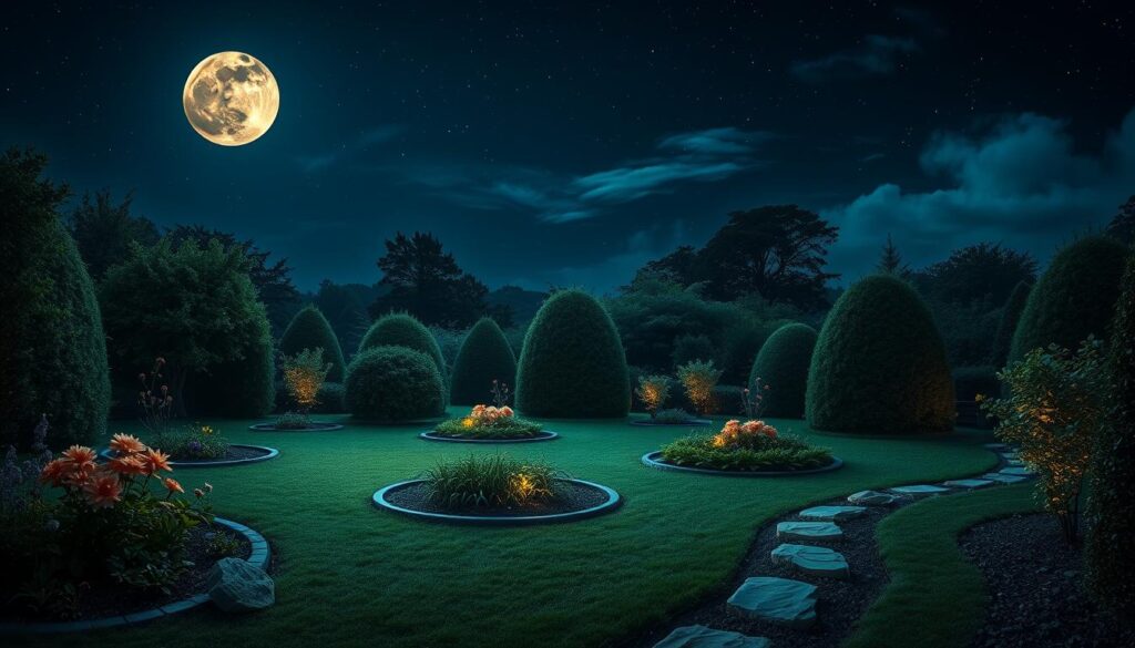 A serene garden illuminated by the soft glow of a full moon, showcasing different planting beds arranged in a circular pattern, each representing various lunar phases. Starry night sky overhead, with ethereal wisps of clouds. Include elements like moonflowers blooming, herbs growing in moon-shaped plots, and a gentle path lined with luminous stones leading through the garden. Rich colors and tranquil ambiance reflect the harmony between nature and lunar cycles.