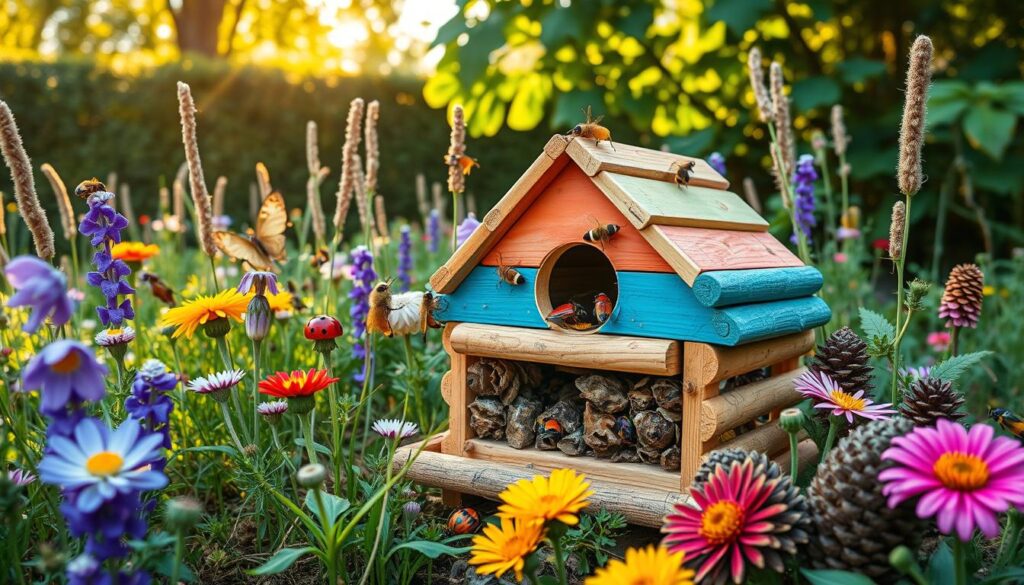 A vibrant garden scene featuring a colorful bug hotel made of natural materials like wood, bamboo, and pine cones, surrounded by blooming flowers, tall grasses, and various insects like ladybugs, bees, and butterflies actively exploring the structure, with soft sunlight filtering through leafy trees in the background.