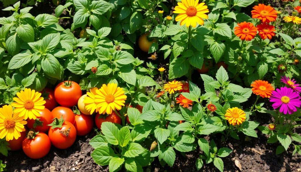 A vibrant garden scene showcasing various companion plants growing together harmoniously, with lush green leaves, colorful flowers, and healthy vegetables. Include intermingled herbs like basil and cilantro alongside tomatoes, peppers, and marigolds, all thriving in rich soil. Capture a sense of abundance and interconnectedness among the plants, with bees and butterflies actively pollinating. Bright sunlight enhances the vivid colors, creating a lively atmosphere of productivity and growth.