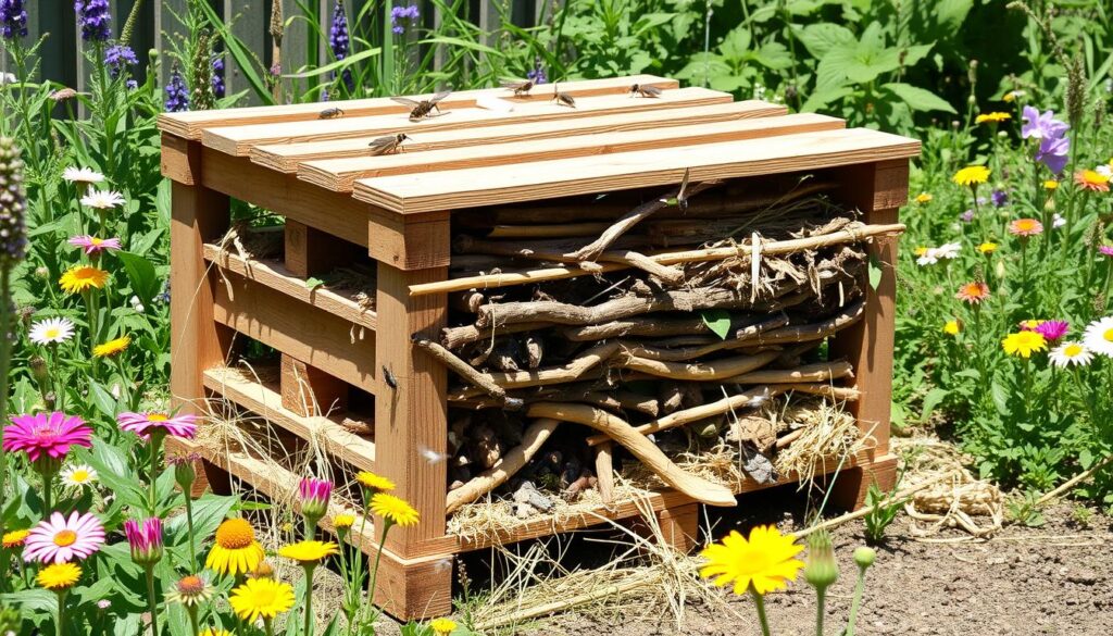 "An intricate bug hotel under construction, featuring wooden pallets stacked with twigs, leaves, and straw, surrounded by colorful wildflowers and greenery, with various insects buzzing around, set in a sunny garden environment."