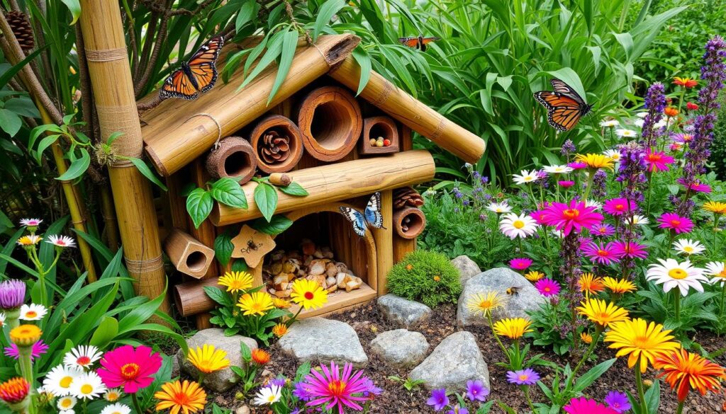 A whimsical bug hotel nestled in a vibrant garden, constructed with various natural materials like bamboo, hollow logs, and pine cones, surrounded by colorful flowers and greenery, with butterflies and bees hovering around.