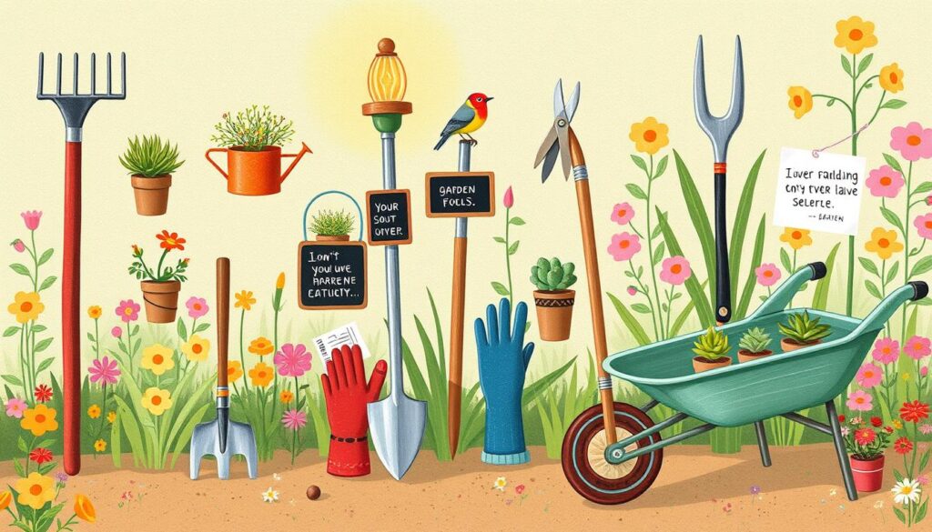 A whimsical illustration of various garden tools being used in unexpected ways: a rake as a wall-mounted plant holder, a shovel serving as a bird feeder, a watering can transformed into a quirky lamp, a trowel used as a mini chalkboard for garden notes, pruning shears as a hair clip for curious plants, a garden fork holding colorful recipe cards, gloves turned into pouches for small succulents, and a wheelbarrow creatively repurposed as a cozy outdoor seat; all set in a vibrant garden background filled with blooming flowers and greenery.